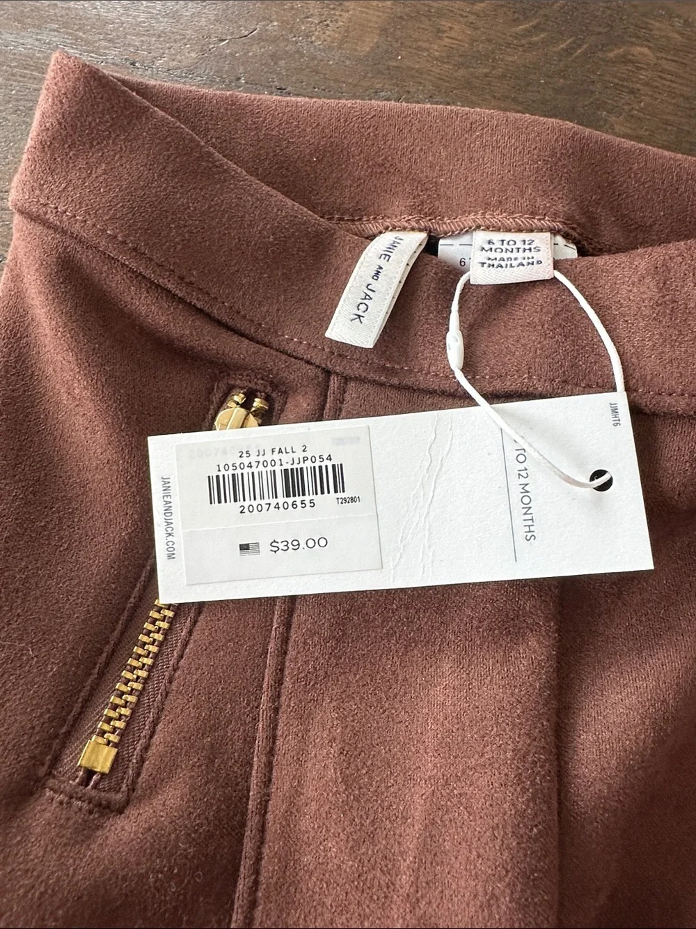 Janie and Jack Brown Faux Suede Leggings with Gold Zipper Detail